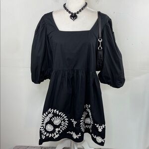 MNG Mango Black Square-Neck Puff Sleeve Mini Dress with White Floral Embroidery